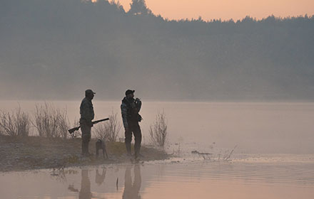 Two hunters are exploring the wild with a dog