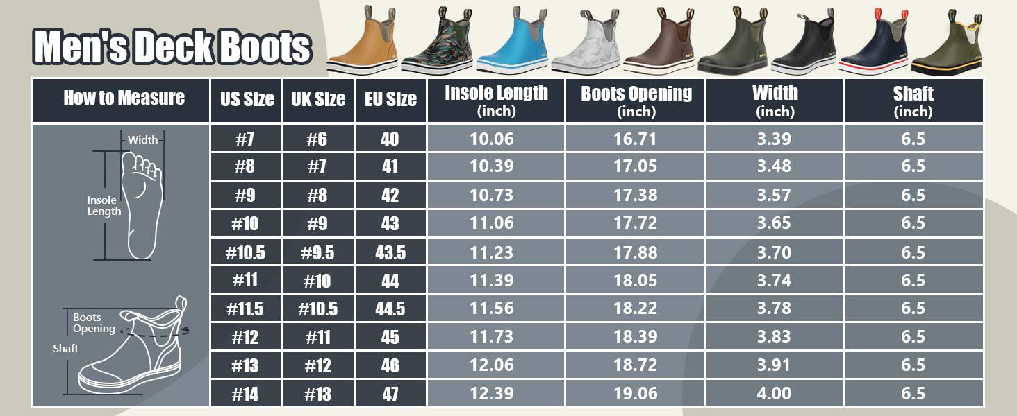 kalkal size chart for model kk018 ankle deck boots