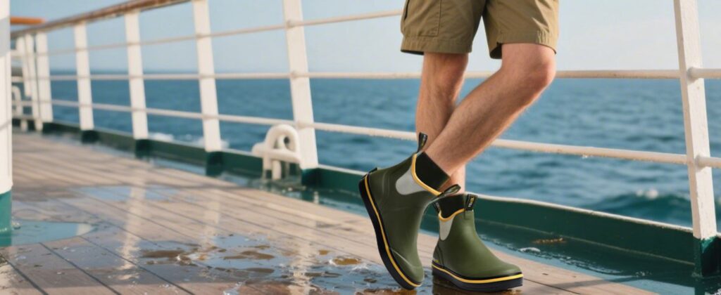 a man is wearing the kalkal deck boots and walking safely on the wet boat
