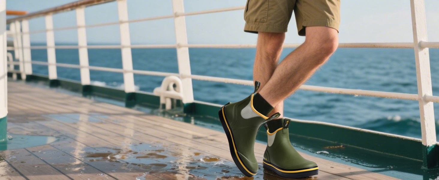 a man is wearing the kalkal deck boots and walking safely on the wet boat