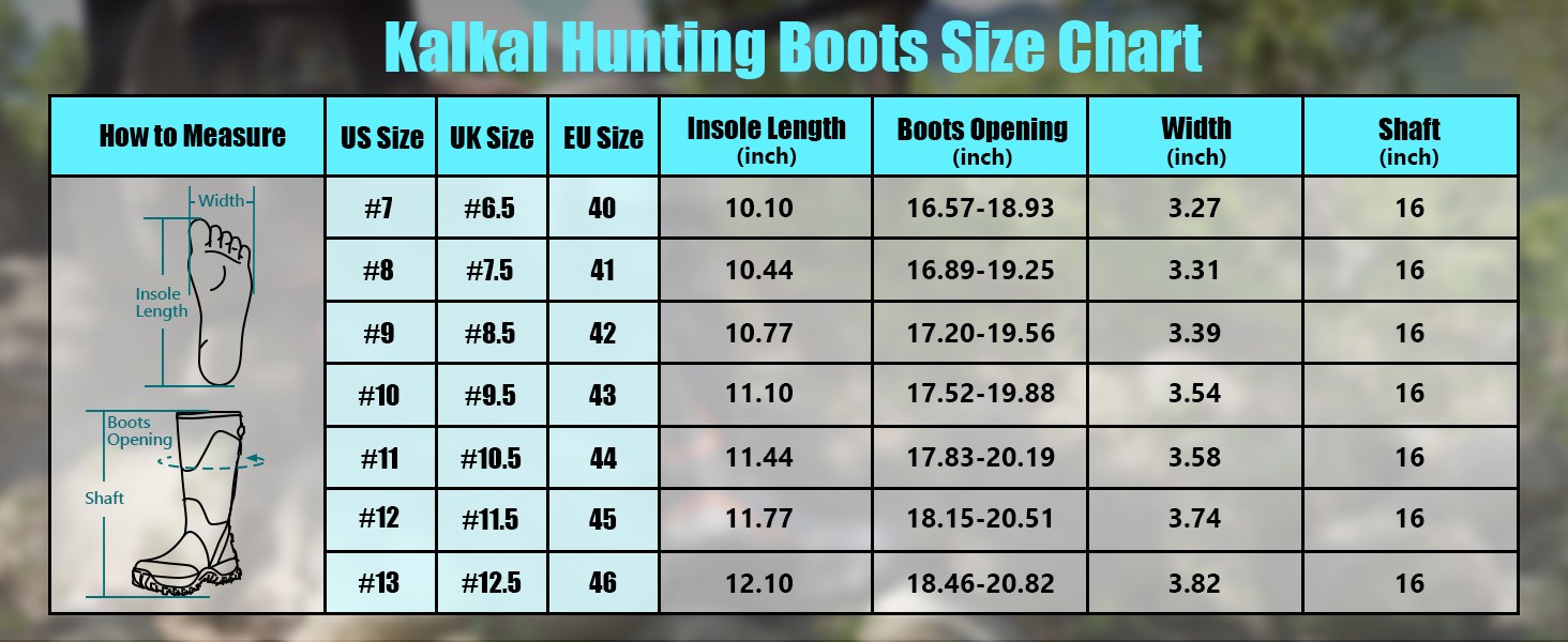kalk021 size chart - hunting boots