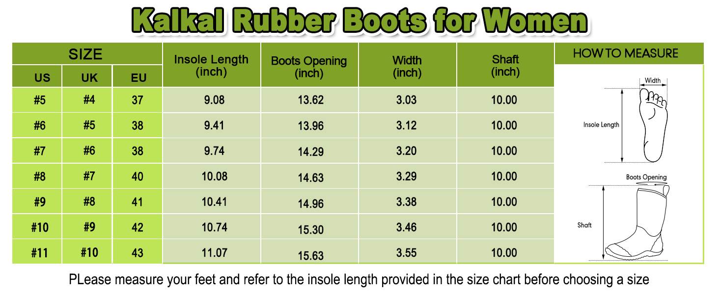 kalk017 garden boots for women size chart