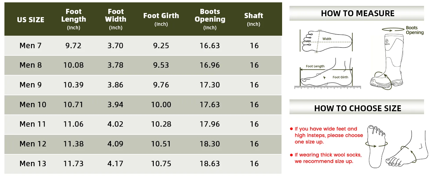 Kalkal snake boots size chart for model KK021