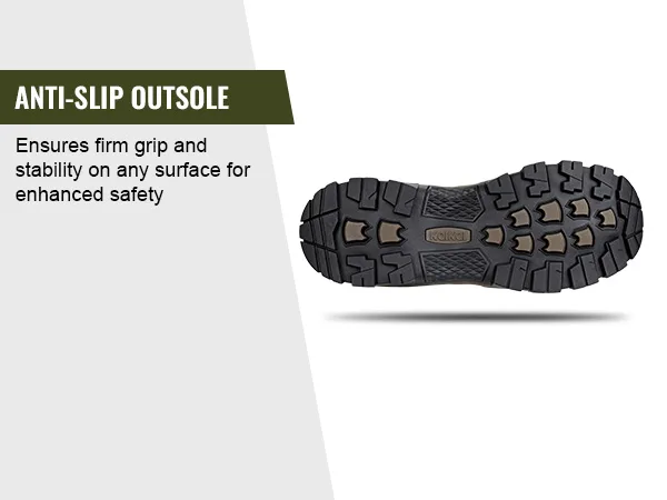 Anti-puncture rubber hunting boots with non-slip outsole and rugged tread pattern