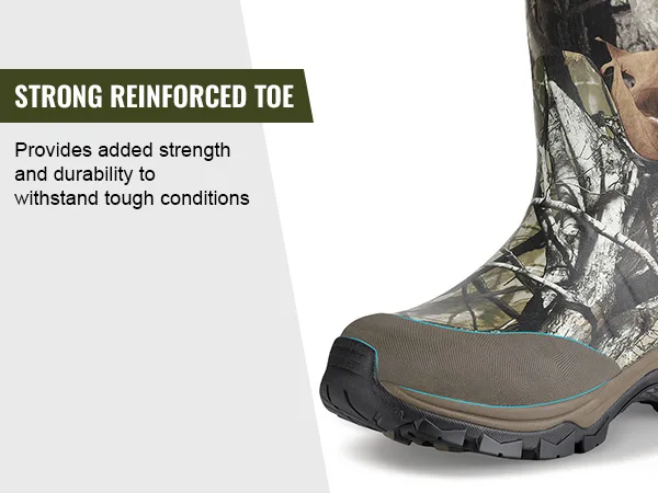 Close-up of strong reinforced toe for durable protection on hunting rubber boots