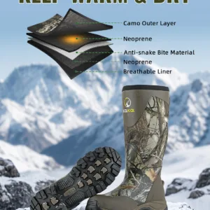 Warm insulation material close-up on Kalkal snake boots, keep hunters warm and dry in winter hunting