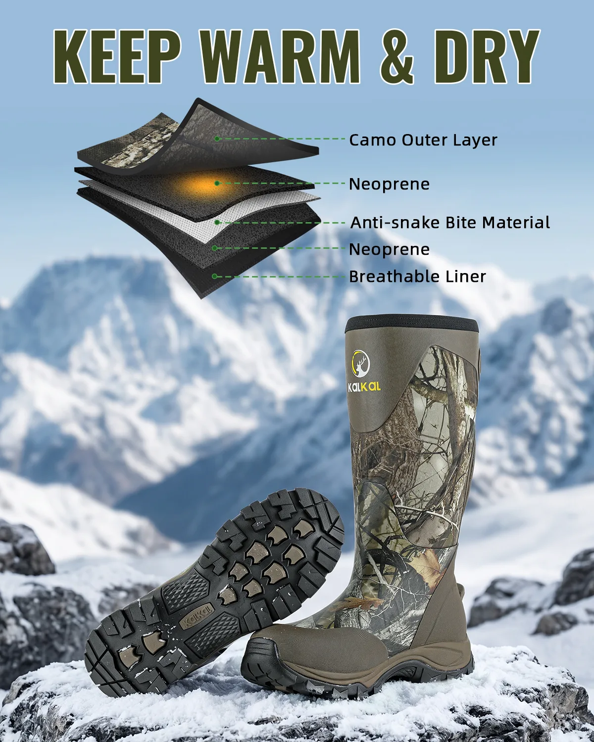insulated rubber hunting boots Warm insulation material close-up on Kalkal snake boots, keep hunters warm and dry in winter hunting