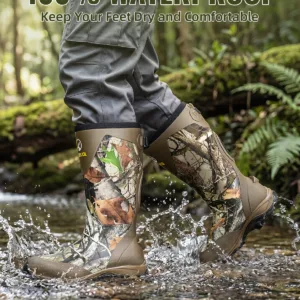Hunter wearing waterproof anti-snake bite hunting boots stepping in water to show water resistance