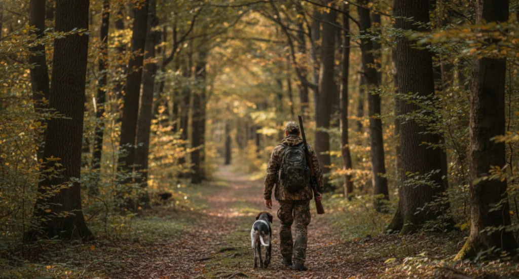 a hunter is hunting in the wood with a dog