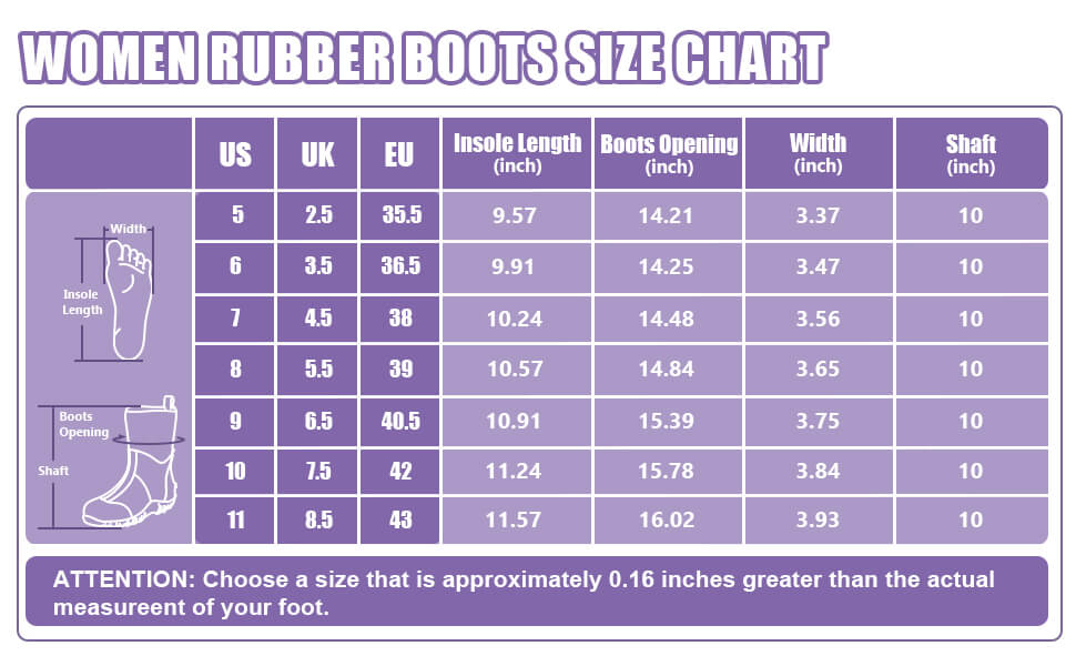 Women Garden Boot Size Chart