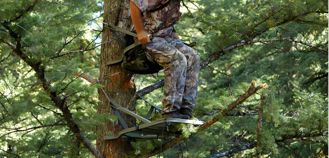 a hunter sits on tree stand