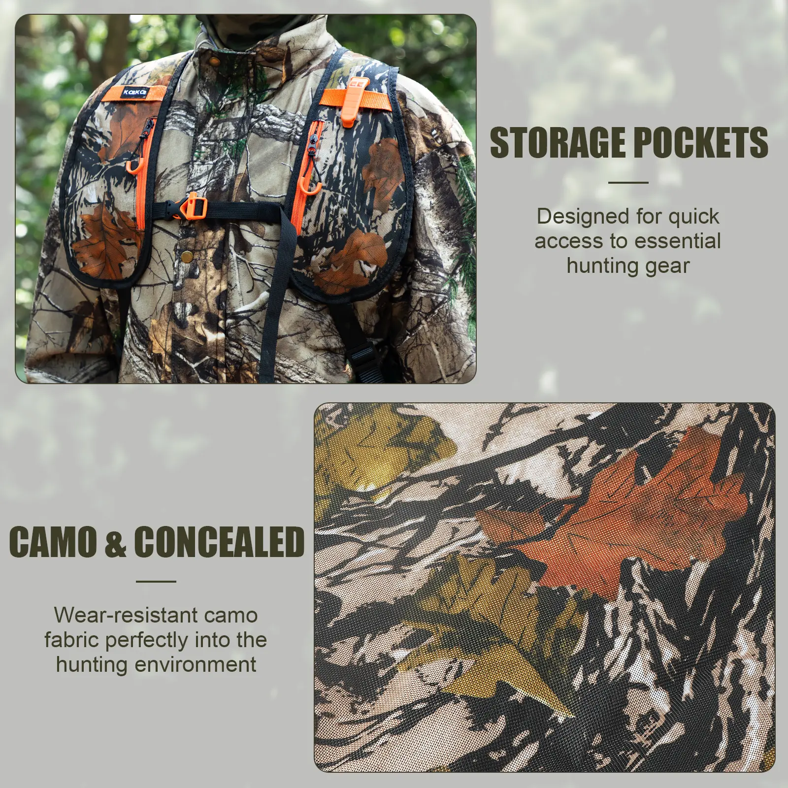 Camouflage hunting harness with storage pockets for hunting gear
