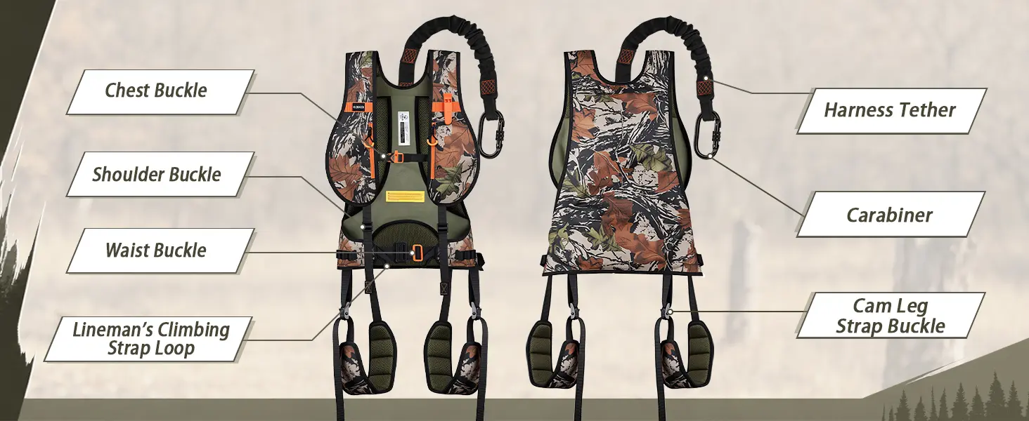 Hunting harness front and back views showing adjustable straps, buckles and safety components