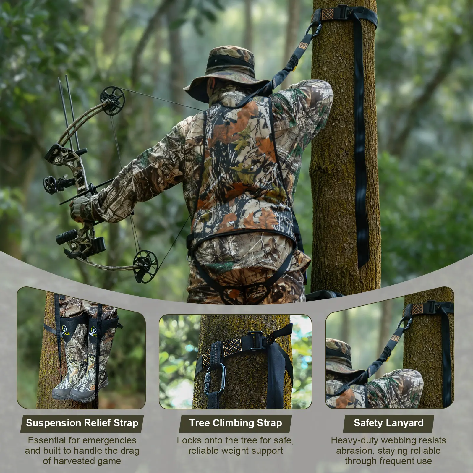 Hunting harness with suspension relief strap, climbing strap and safety lanyard