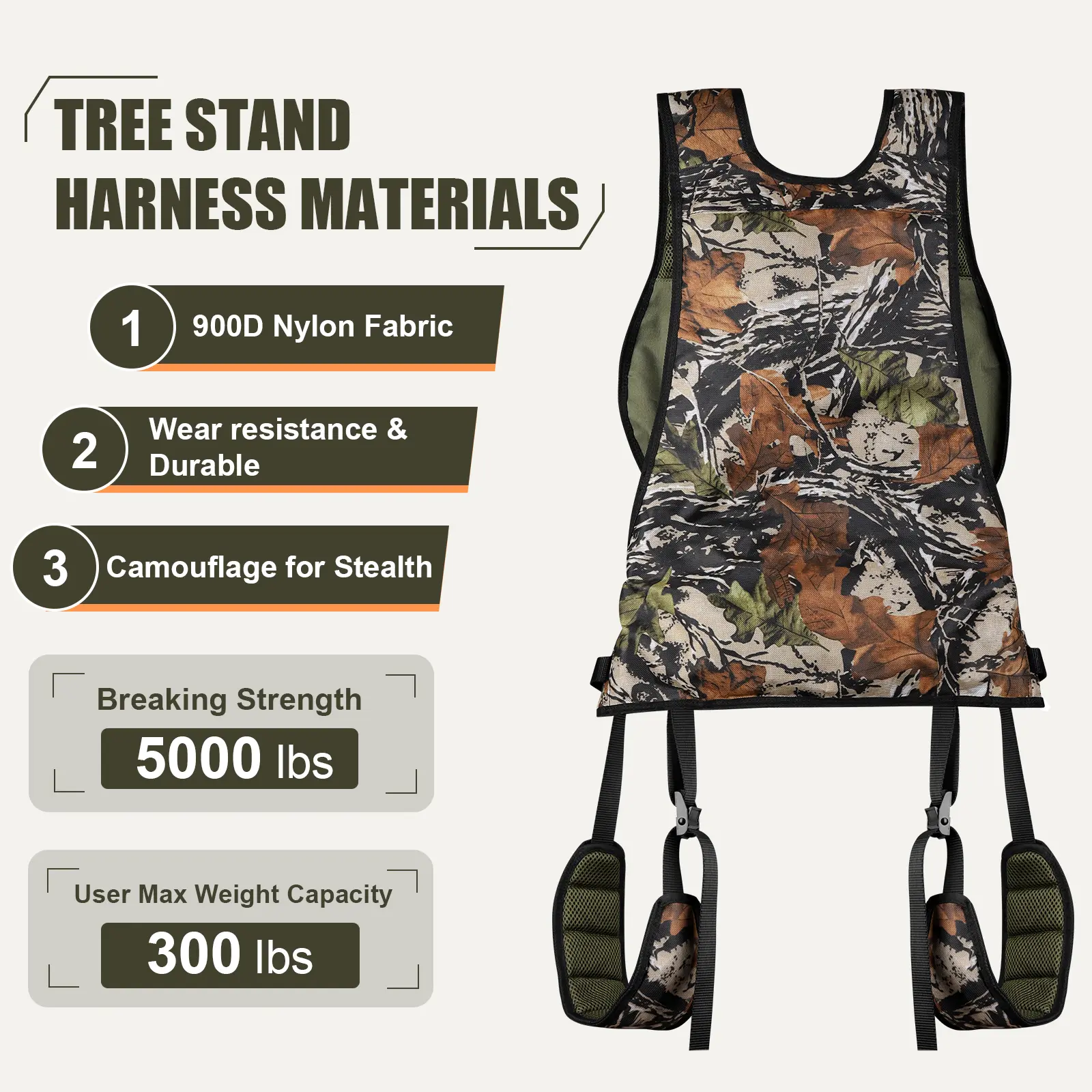 Hunting safety harness with adjustable straps, buckles, lanyard and safety features