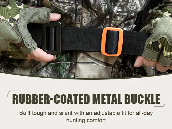 Rubber-coated metal buckle on a hunting safety harness