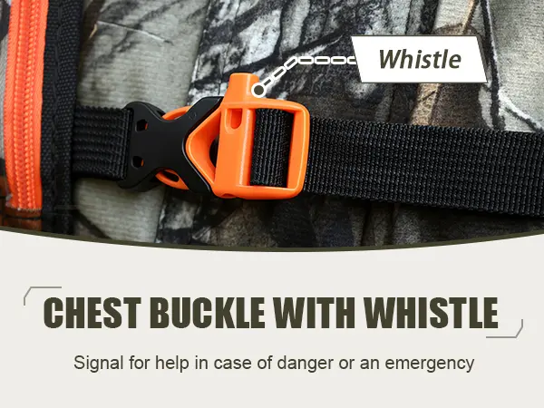 Safety whistle attached to a hunting harness for emergency use