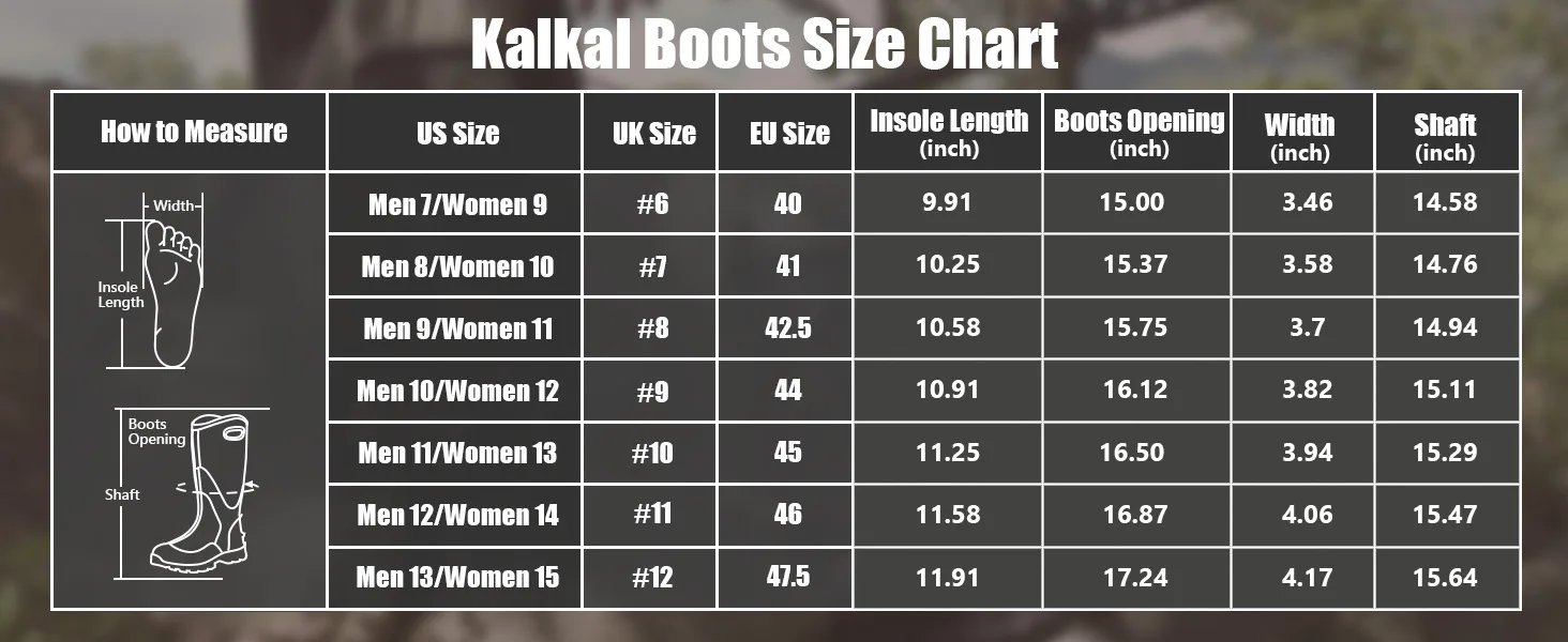 size chart for Kalkal tall black rubber boots with handles - model Kalk053