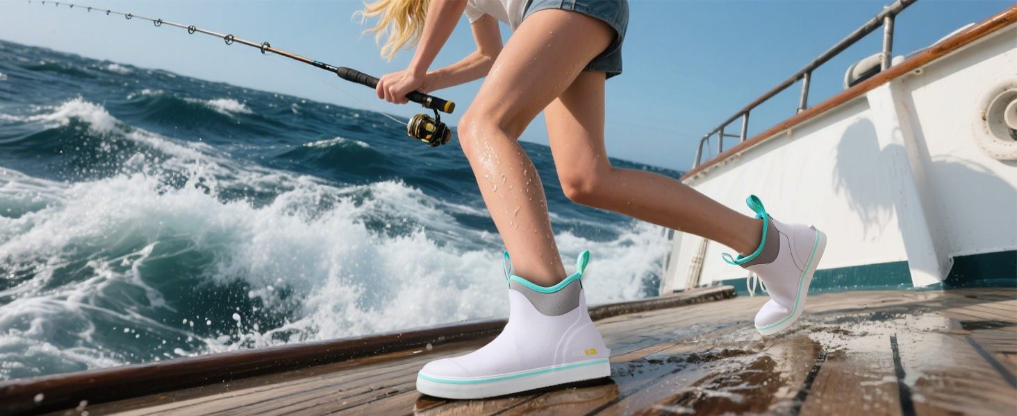 a woman wearing Kalkal deck boots standing on a wet boat floor steadily and safely