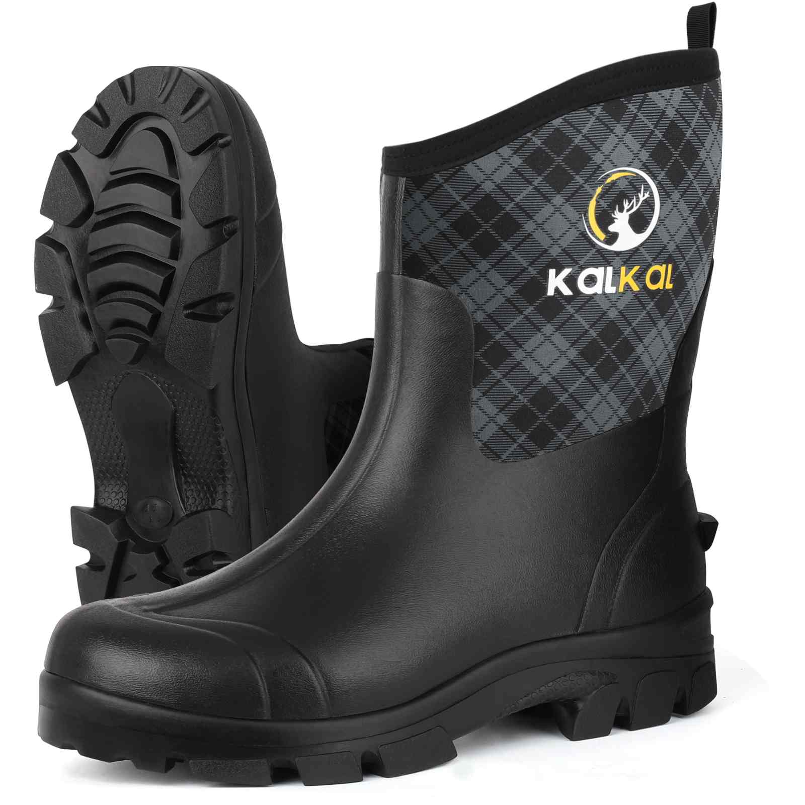 Servus Men's Black Rubber Steel Toe Work Boots - Waterproof Pull-On Mid-Calf Hunting & Fishing Boots Sizes 4-15