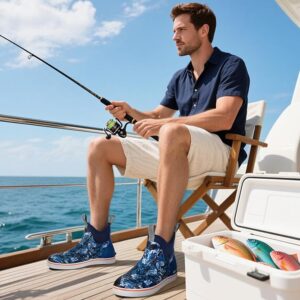 man wearin ocean blue deck boots on the boat for deep sea fishing