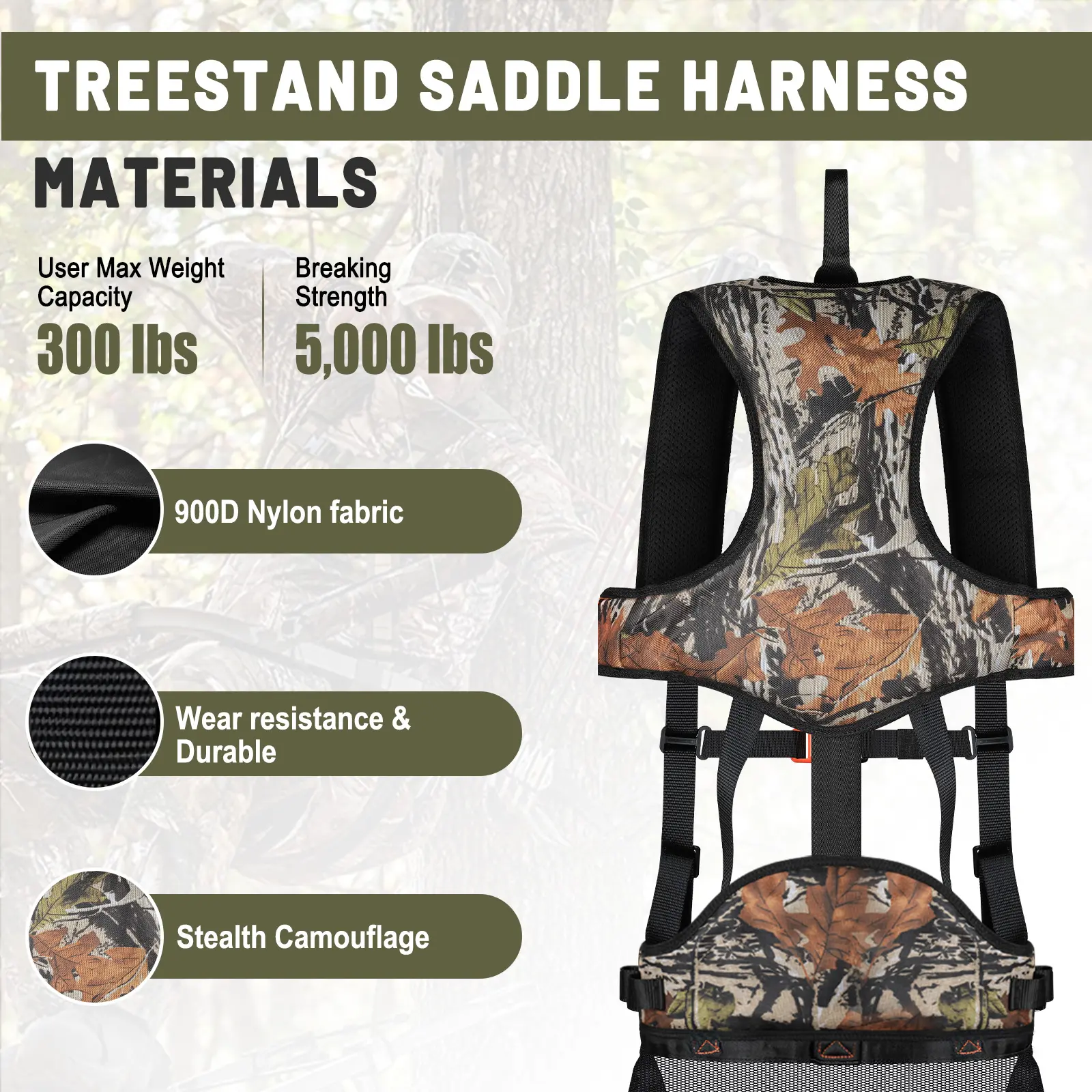 Close-up of durable nylon fabric and camouflage design on a hunting saddle harness