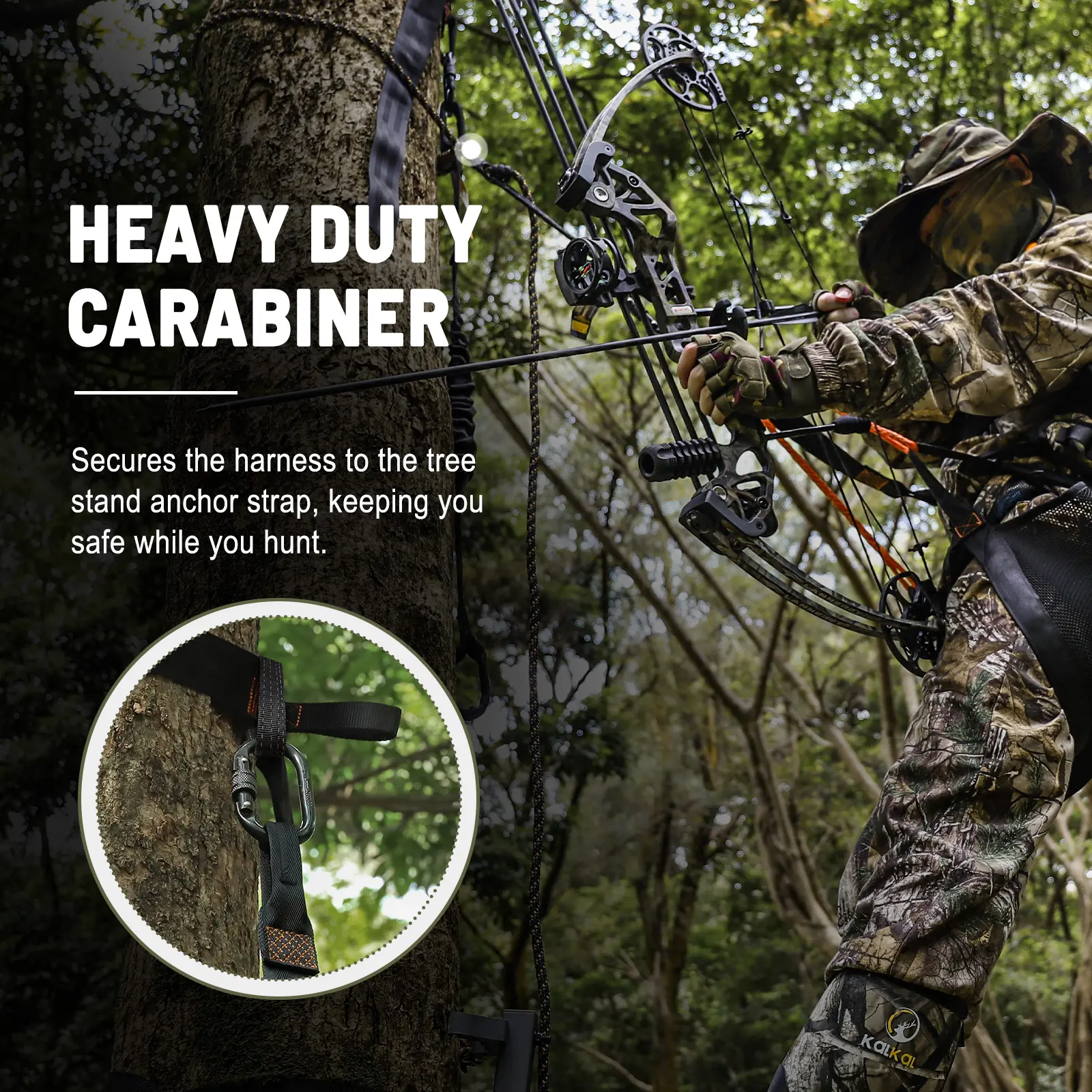 Heavy-duty carabiner attachment on a tree saddle hunting harness
