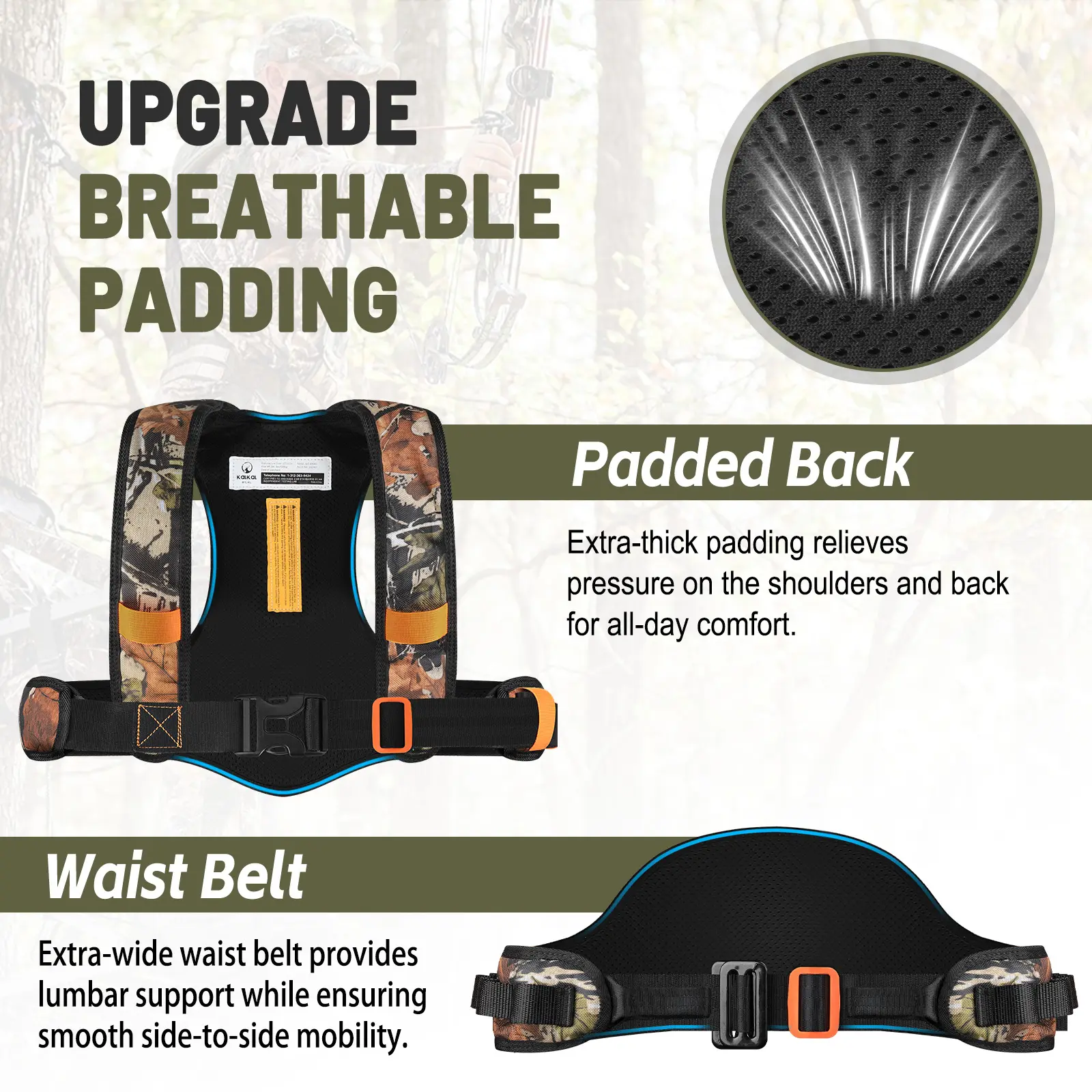 Close-up of breathable padding on the back and adjustable waist belt of a saddle harness