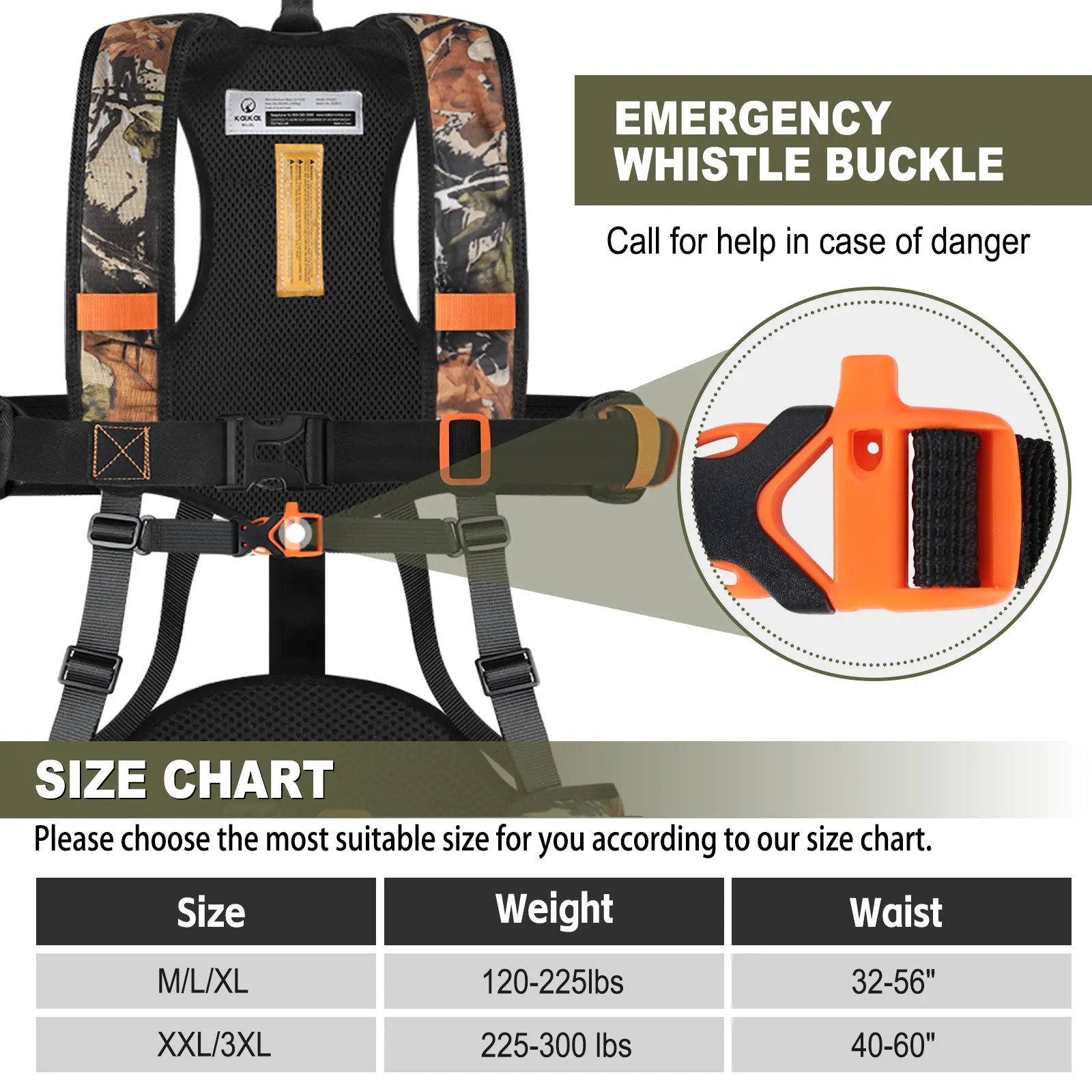 Safety whistle attached to the chest strap of a tree saddle hunting harness