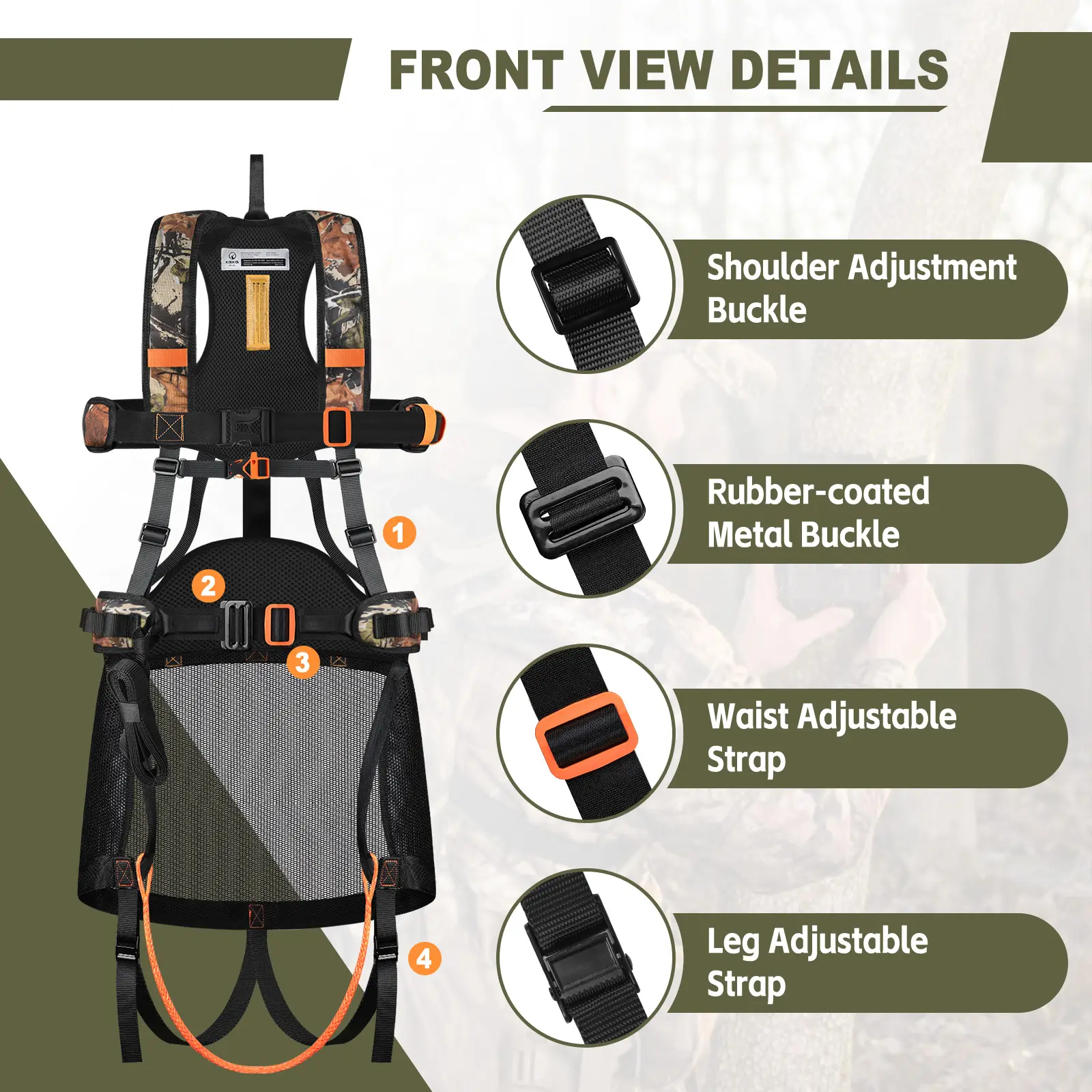 Front view of a tree saddle harness with adjustable straps and buckles