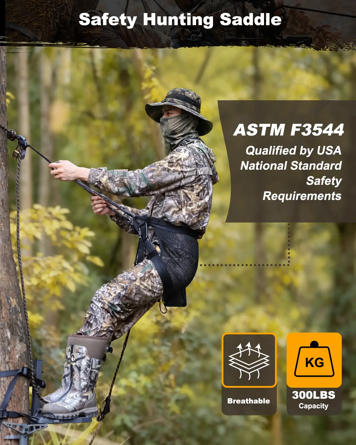 Hunter wearing a saddle hunting harness rated to support up to 300 lbs