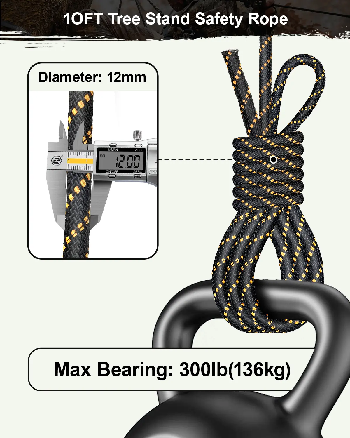 Saddle hunting safety rope with a 300 lb weight capacity