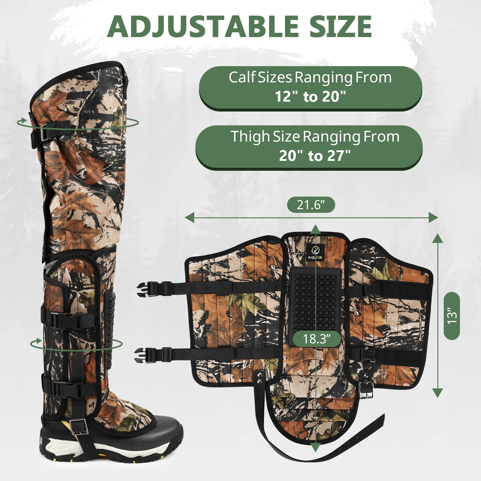 snakeproof gaiter adjustable size Adjustable size chart for long snake proof gaiters showing calf fit and height dimensions