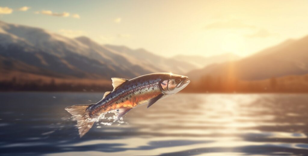 a trout fish is jumping out of the water