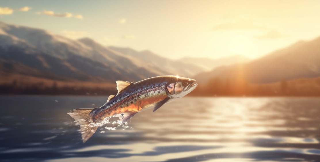 a trout fish is jumping out of the water