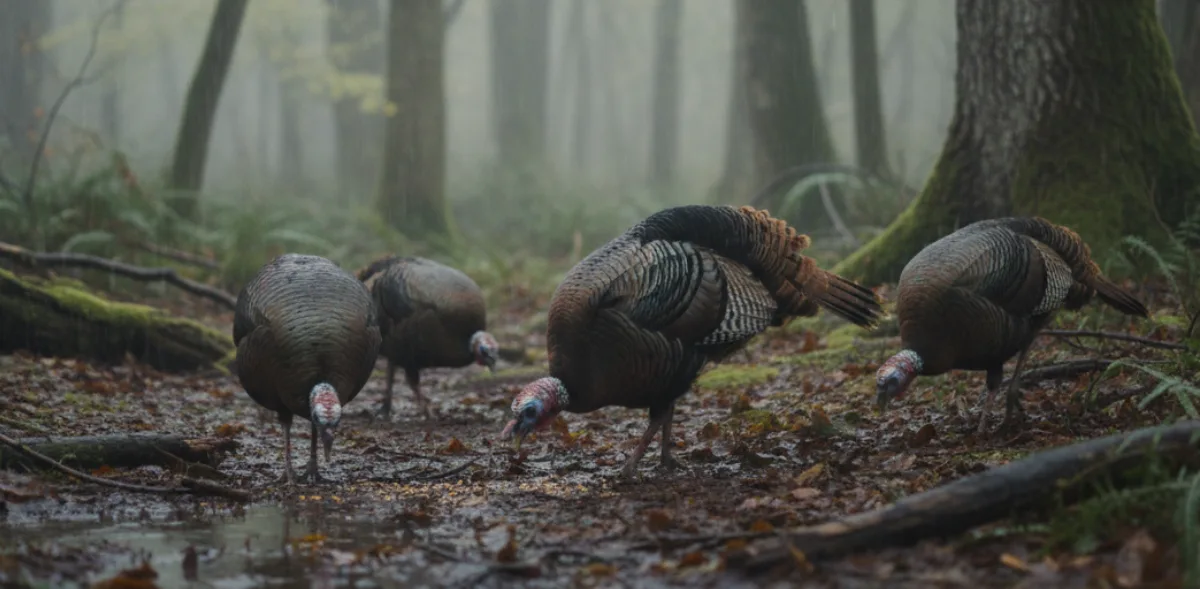 several turkeys are coming out and feeding in the rain