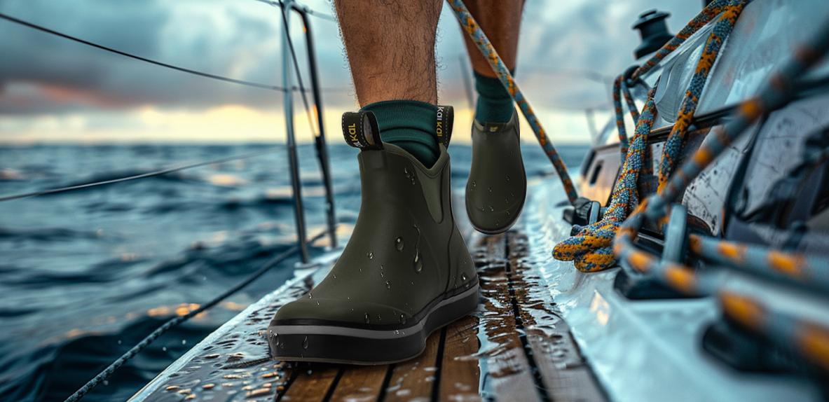 a man is wearing Kalkal fishing deck boots on a wet boat