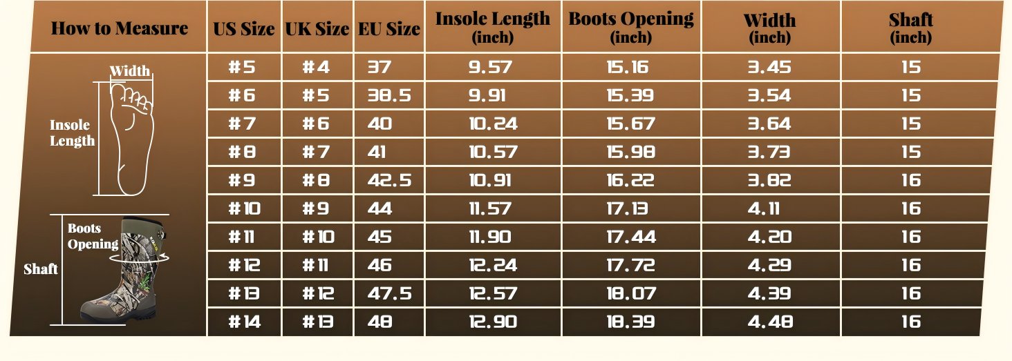 Kalkal KK096 insulated hunting boots size chart