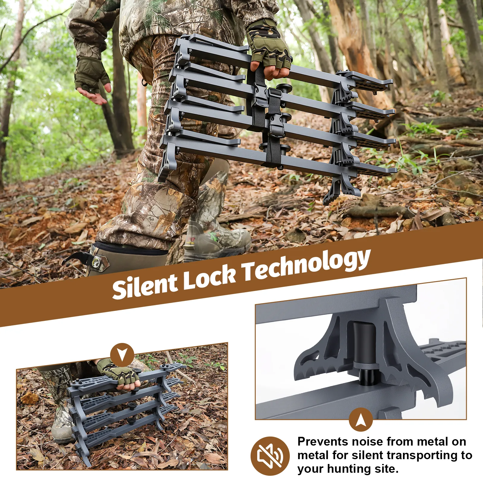 hunting sticks with silent lock rubber button allows hunters to stack all climbing sticks together fo easy transport