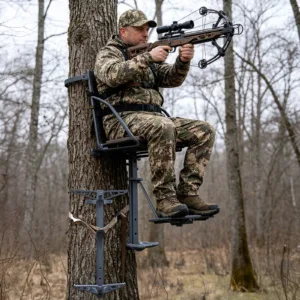 a hunter is elevated hunting in the tree with Kalkal climbing stick