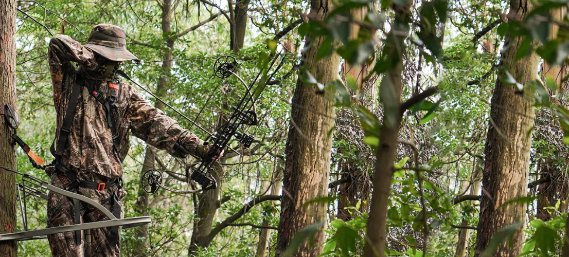 a hunter is hunting from a treestand on public land