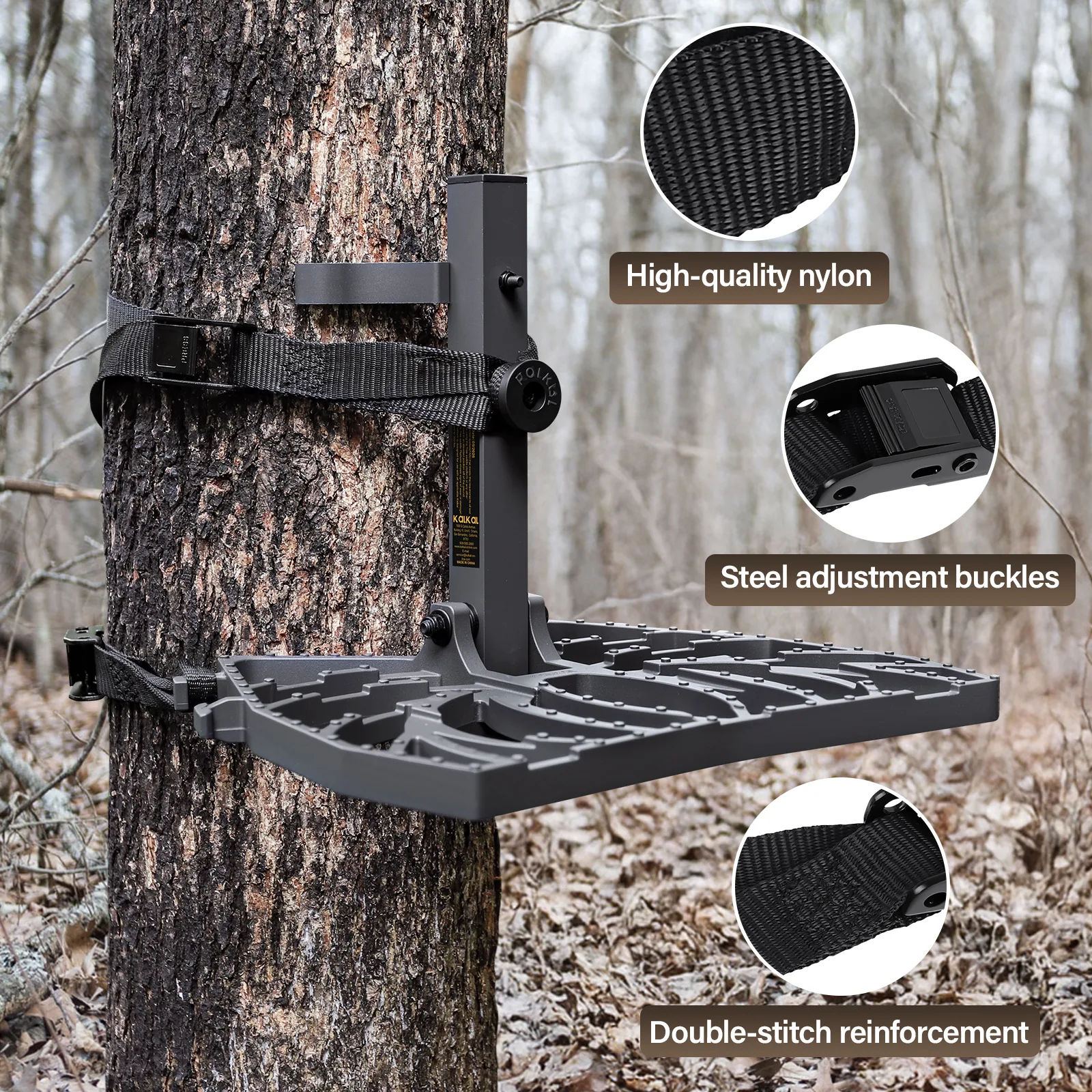 Climbing saddle platform with heavy-duty straps, buckle system, and mounting hardware