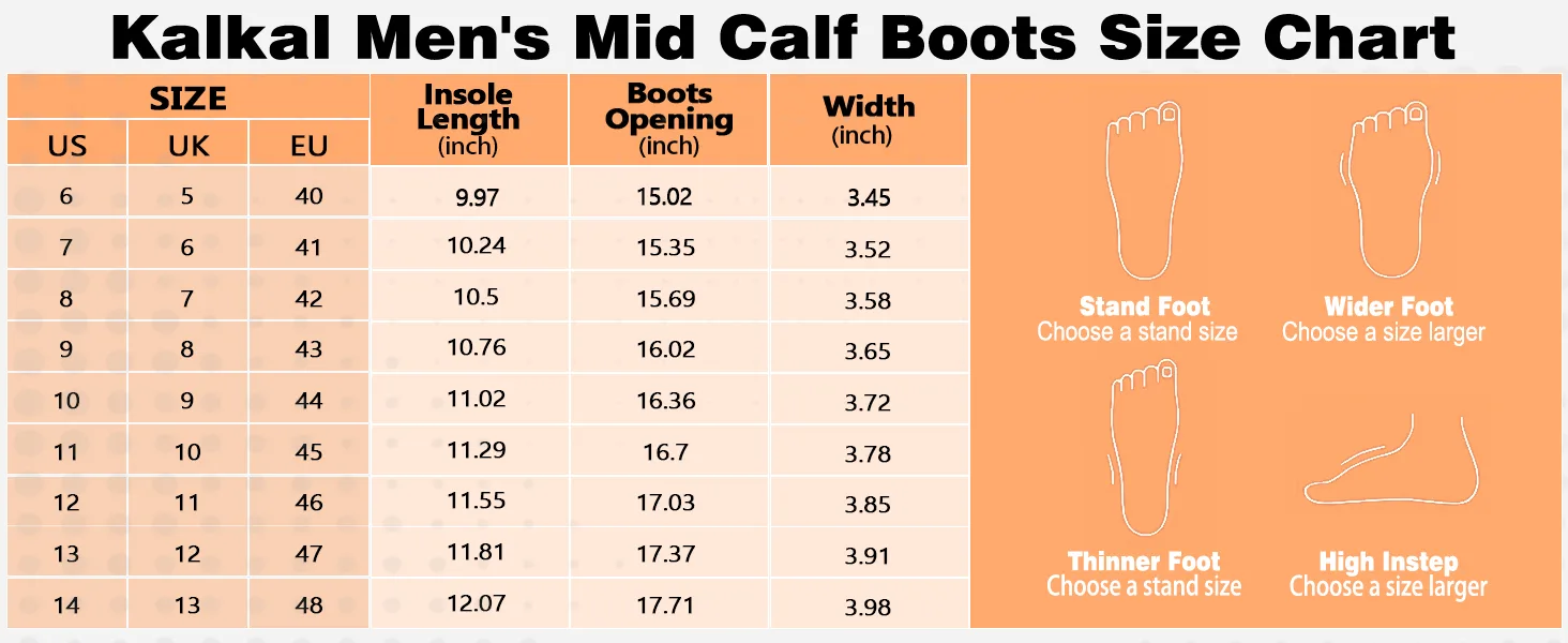Kalkal mid-calf rubber boots size chart - KK116