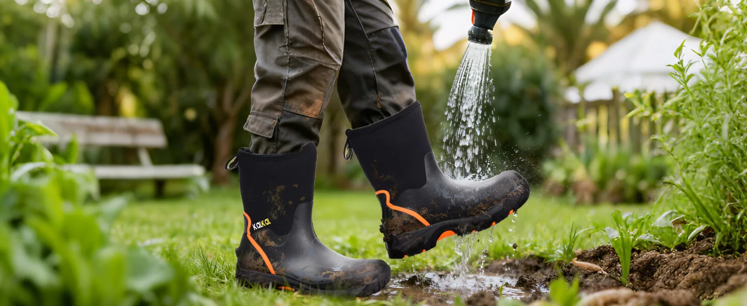 rinse Kalkal men's rubber boots with water in the garden to show its waterproof feature