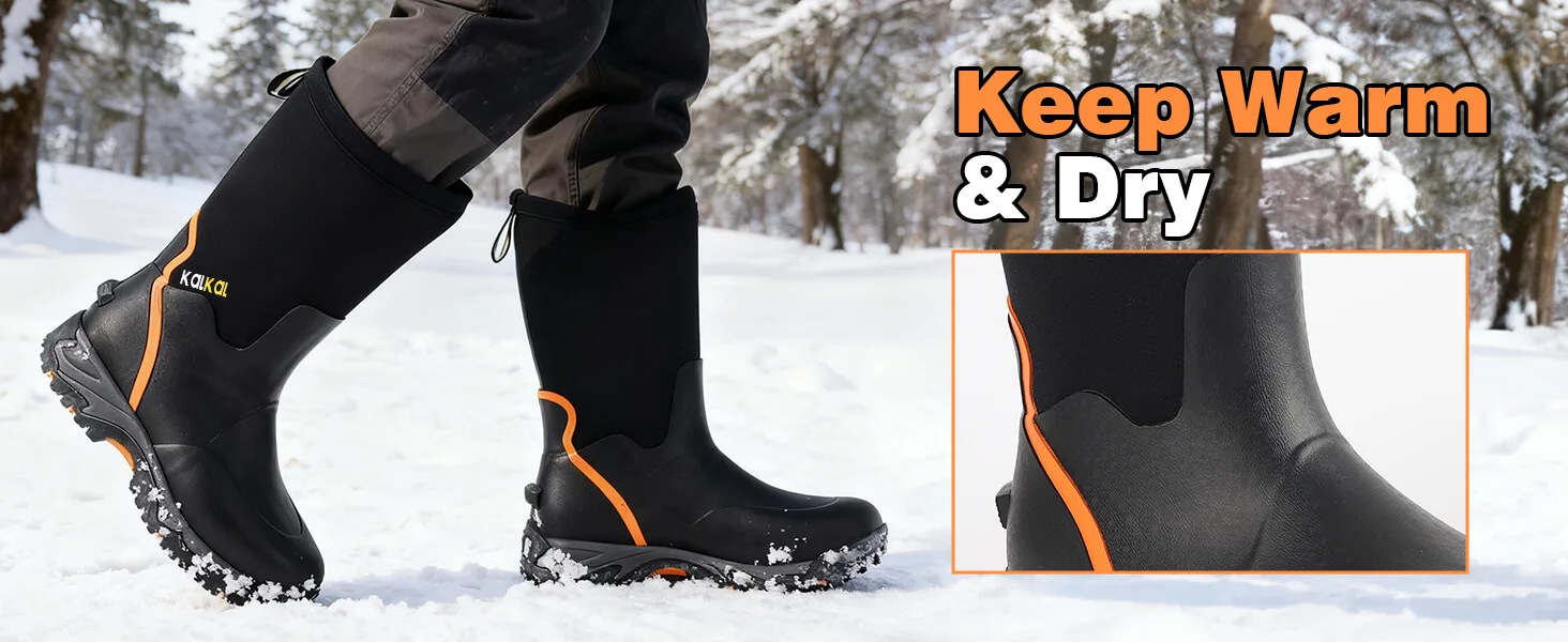 wear these insulated rubber boots for winter on snowy ground