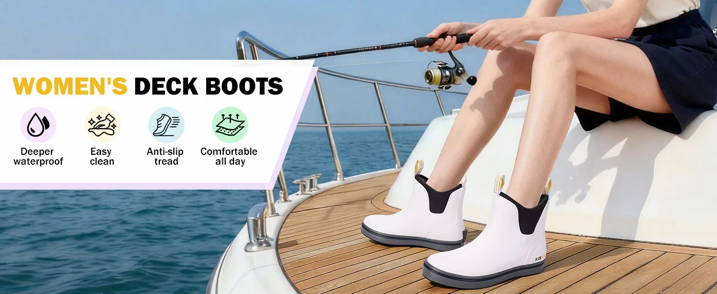 a girl is wearing Kalkal deck boots on boat deck and fishing on the sea