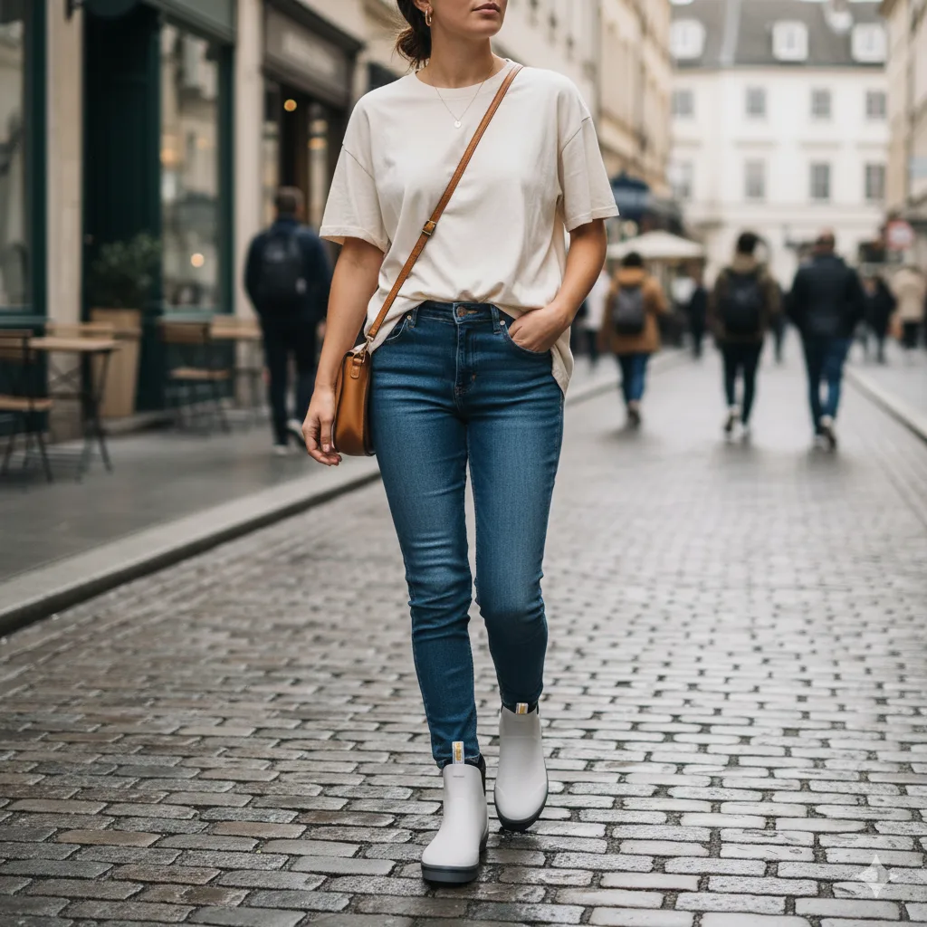 a woman in casual commute look with deck boots