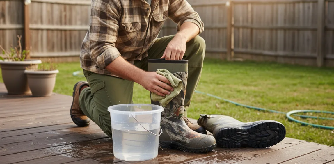 a hunter is clearning rubber hunting boots with cloth and water