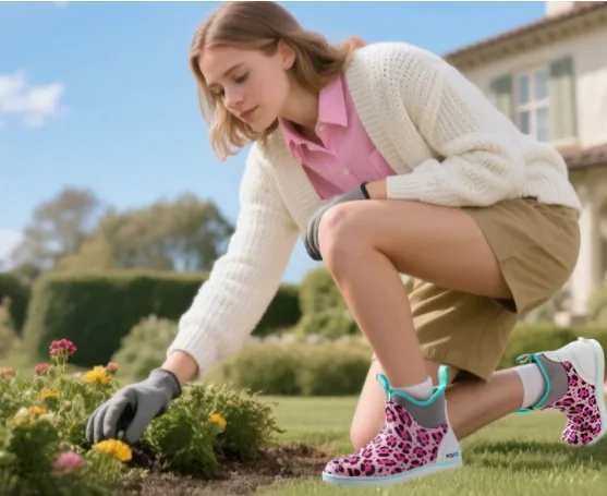 a girl wears deck boots for gardening in the yard