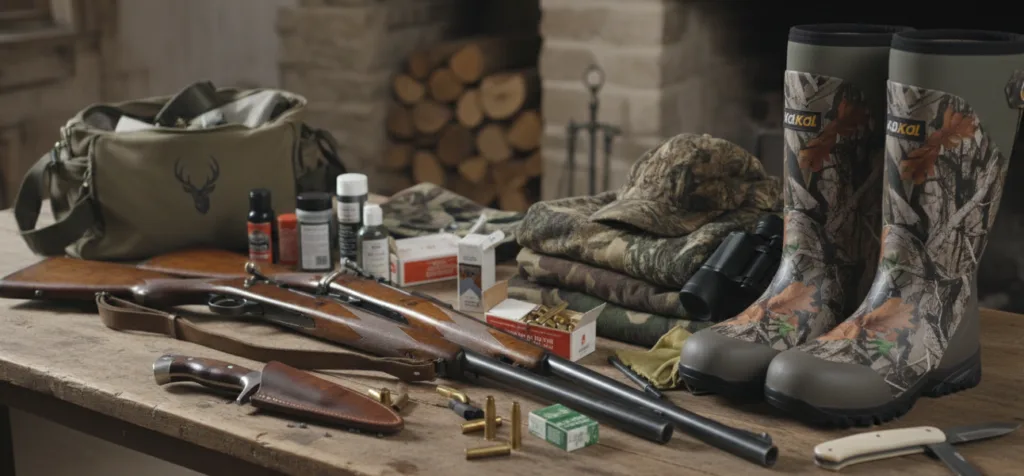 a lot of hunting gear placed on a table with some cleaning and repair tools for maintenance